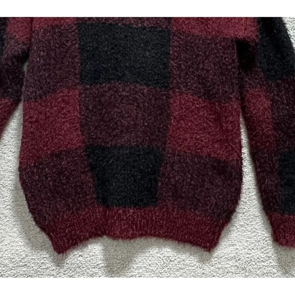 Lee Sweater Women's Medium Black Red Plaid Cowl Neck Pullover Block Jumbo Square